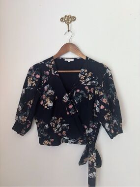 Secret Mission Black Floral Cape Town Bleeker Wrap Top Medium Quiet Luxury